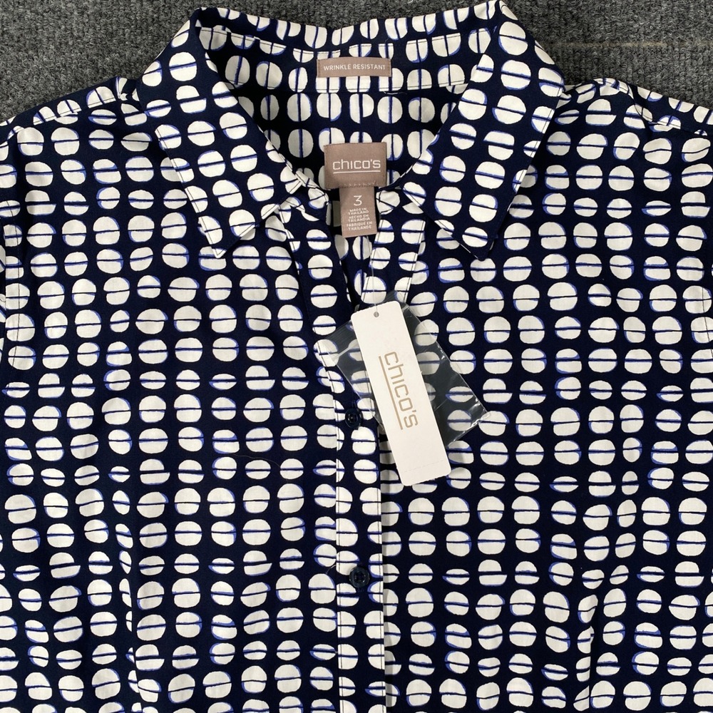 NWT Chicos Lorena Navy Blue White Dot Button Down Shirt 3/4 Sleeve 3 16/XL